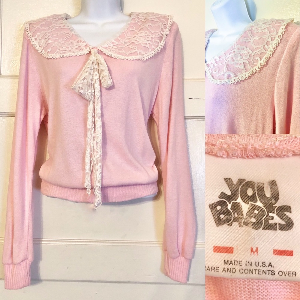 Vintage Vtg pink lace collar kawaii fairy kei lolita cottagecore sweater Medium